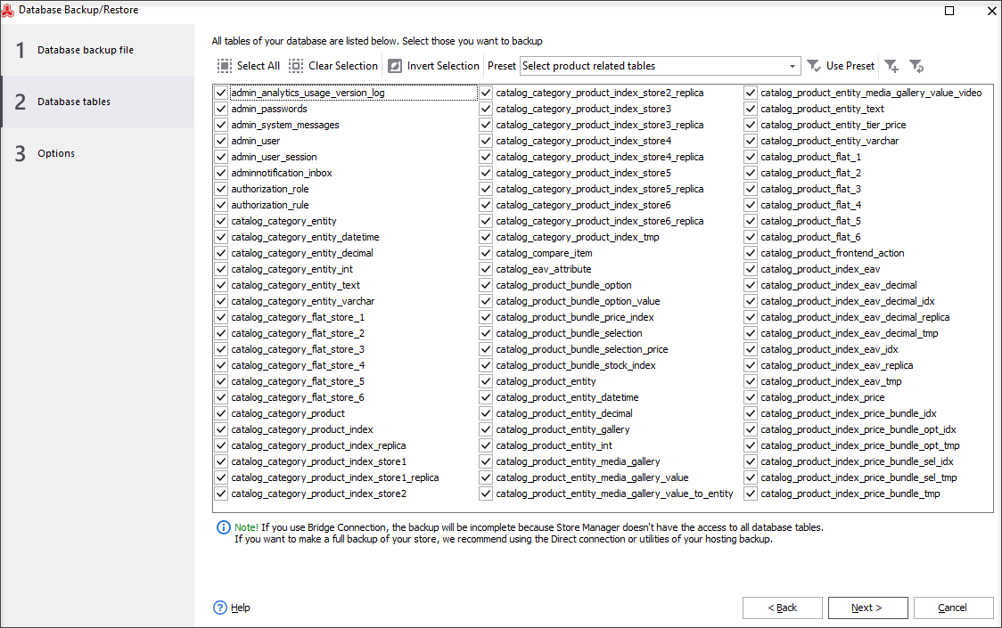 Select those database tables you aim to backup