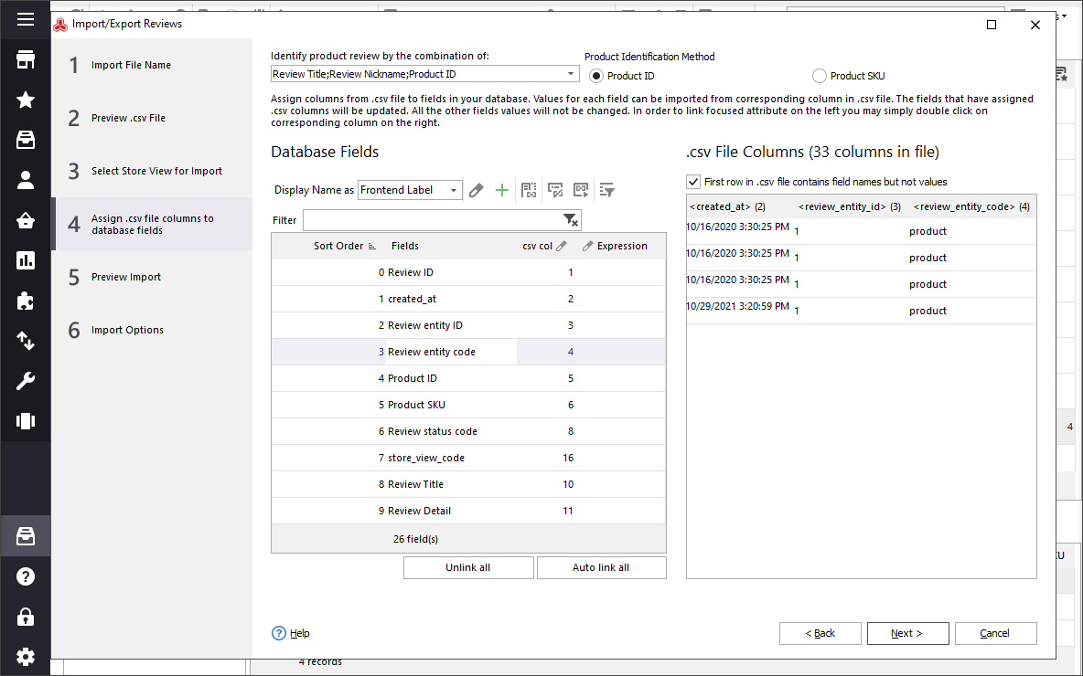 Select identifiers for products and reviews and map database fields to CSV columns