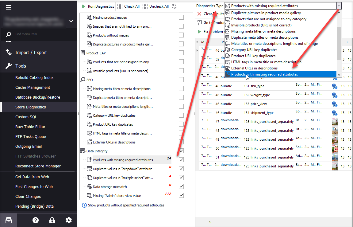 Choose diagnostics type for results