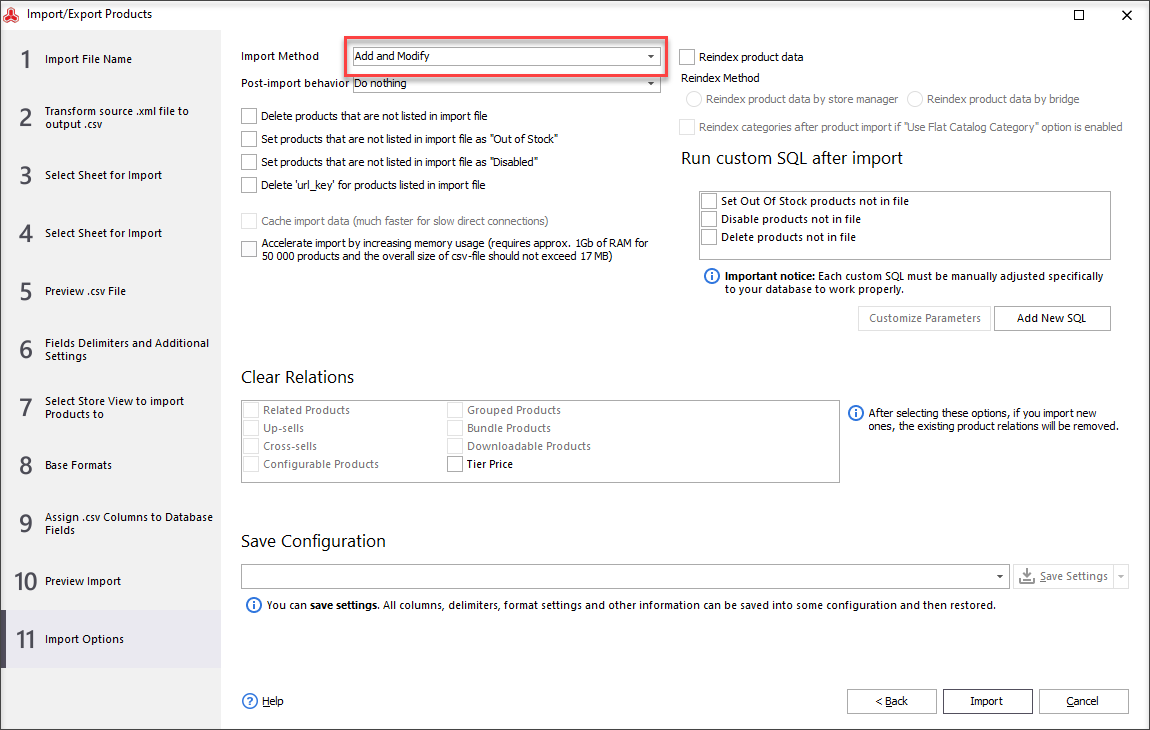 Choose the needed import options depending on whether you add new data and modify the existing ones