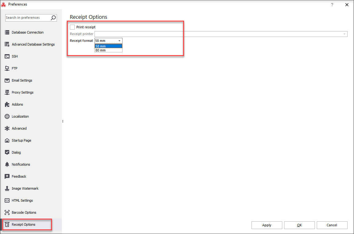 Connect to the printer you have and configure size of receipts