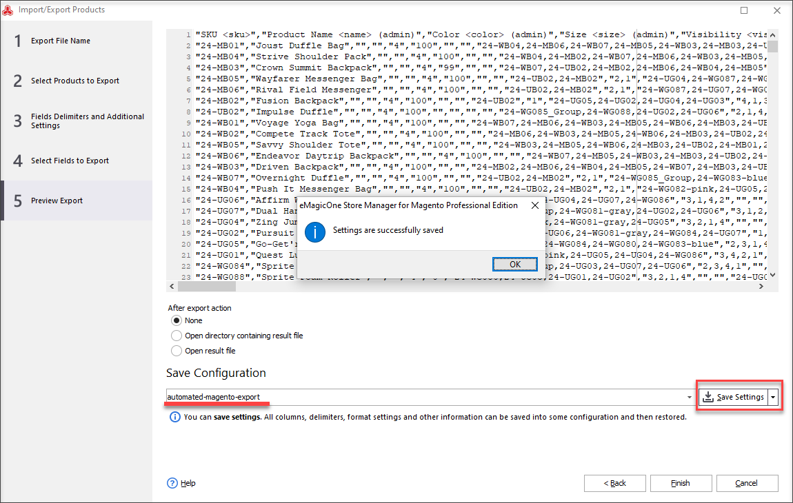 Finish export and save configuration settings