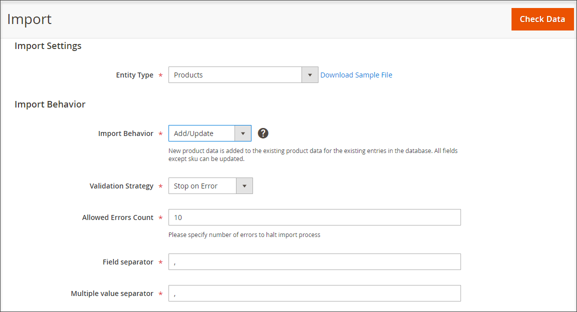 Import of meta information from the Magento 2 backend side