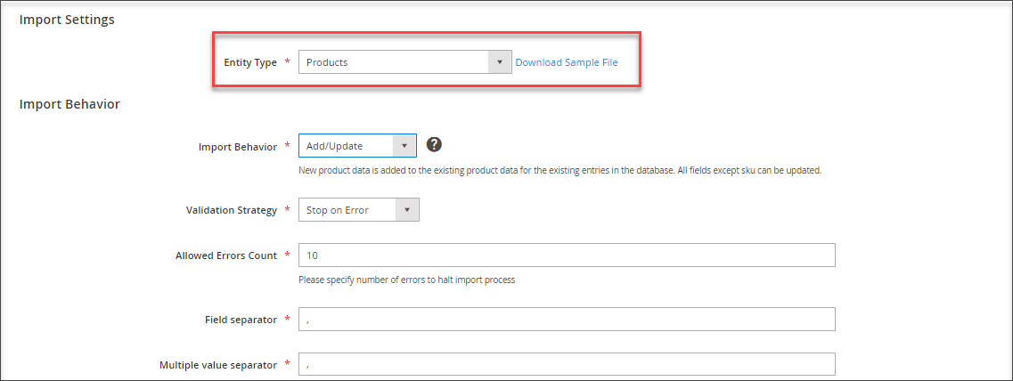 Magento Import Settings