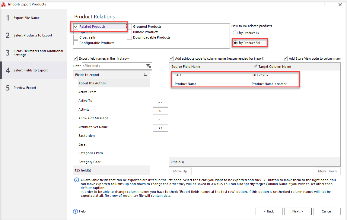 Magento export of related products