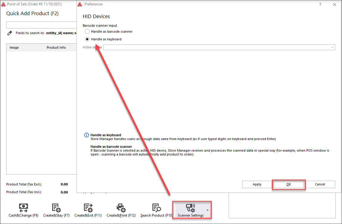 Press on 'Scanner options' and select 'Handle as keyboard' option. Tap OK.