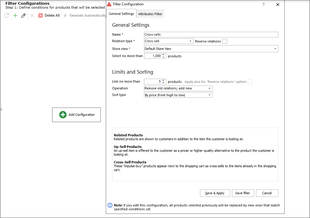 Select Cross-Sells as Relation Type and Specify Other Settings