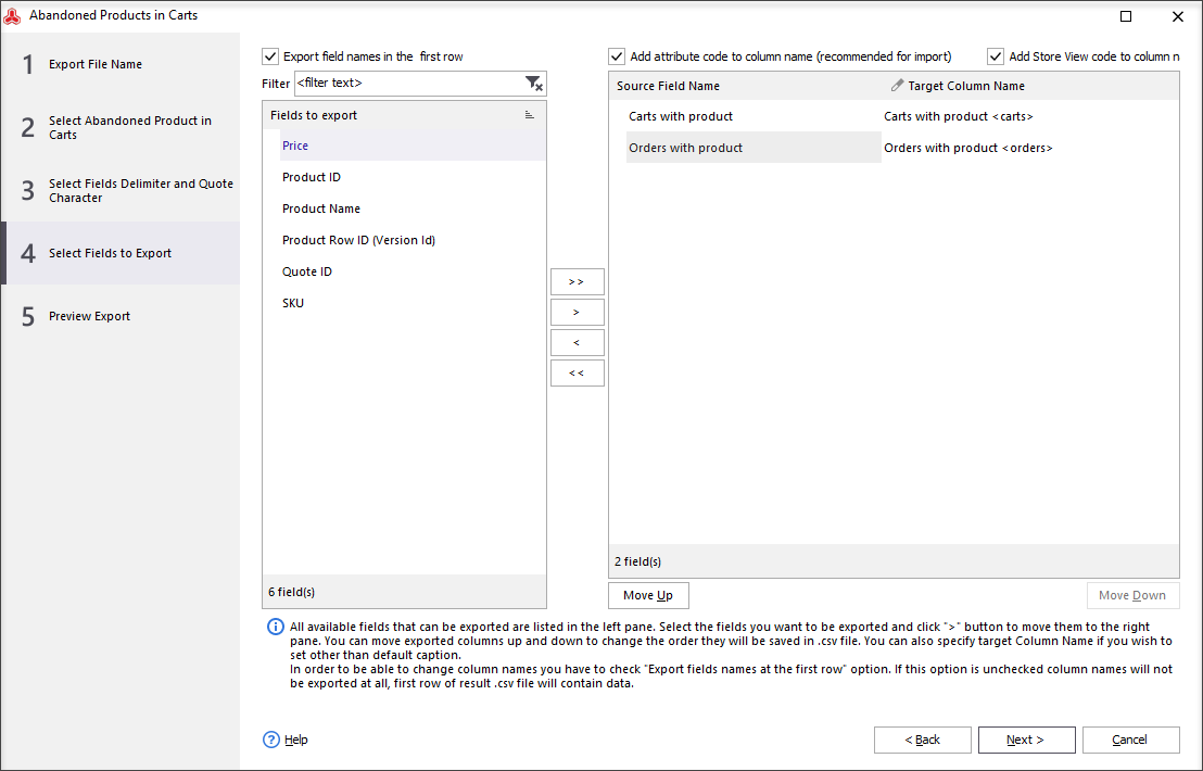 Select fields to export