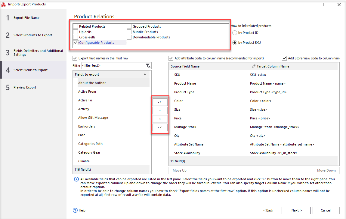 Select fields to export