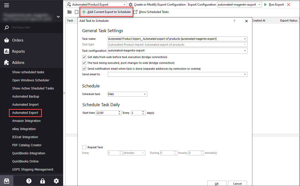 In Automated Export tab choose to add current export to scheduler