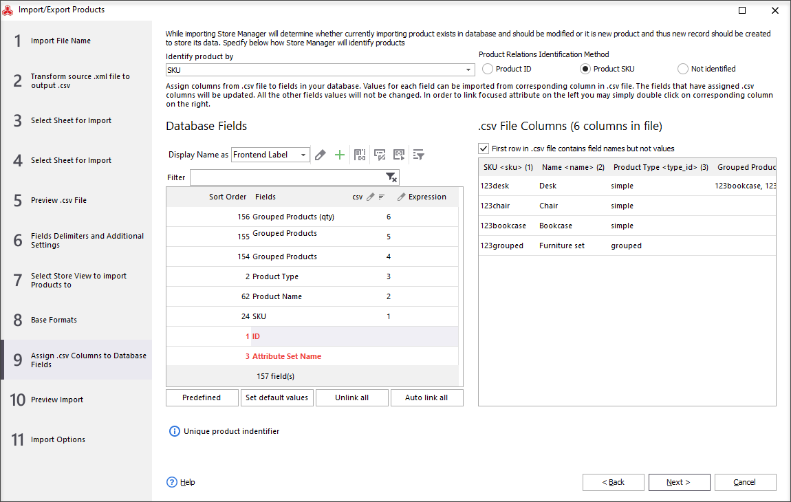 Assign csv columns to database fields