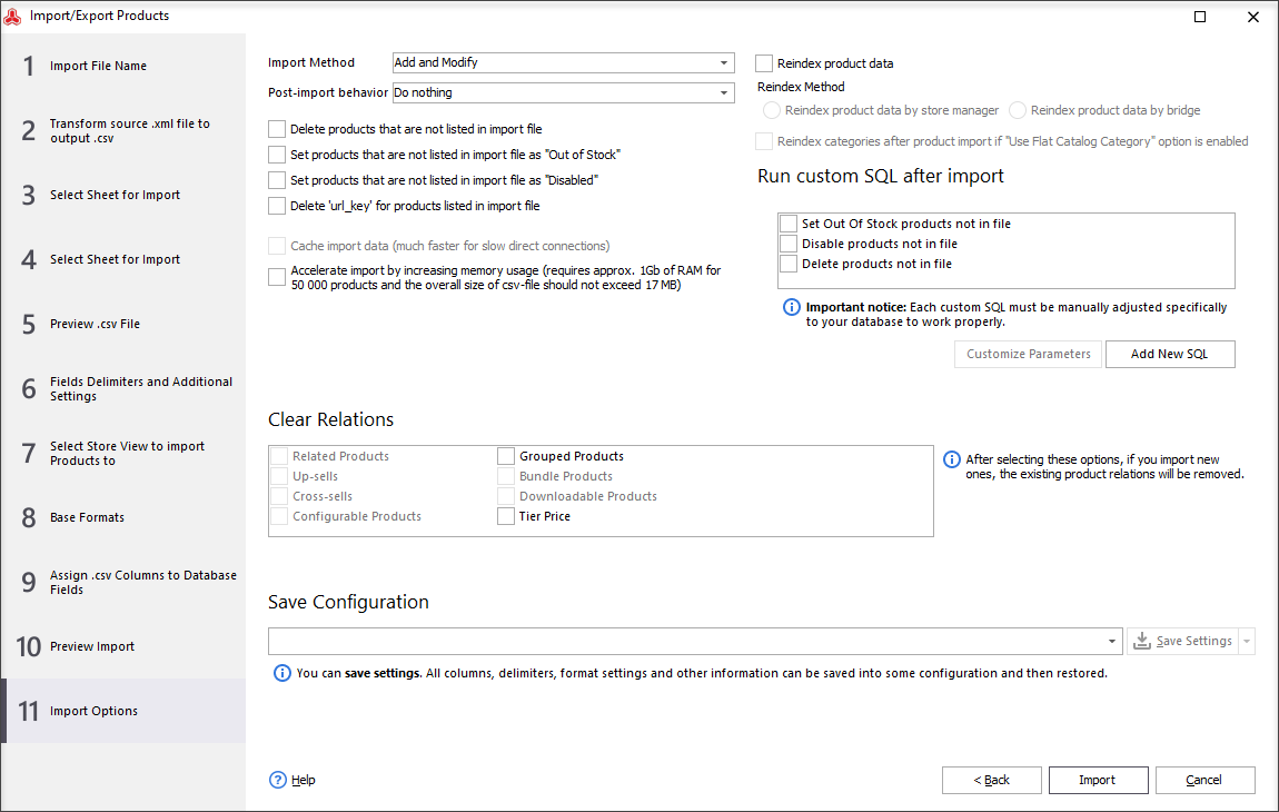 Check import options