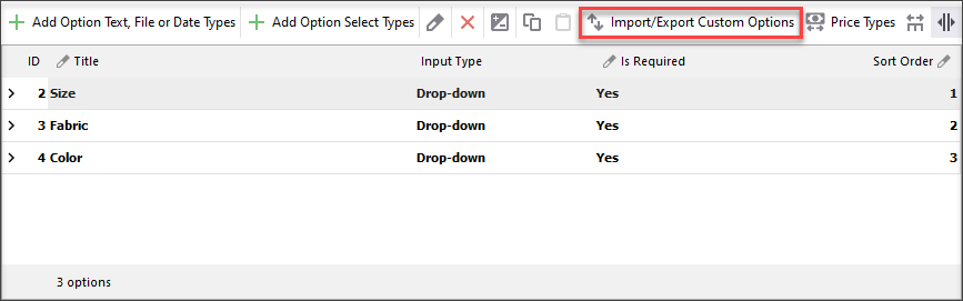 Import or export custom options