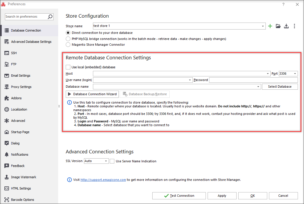 Configure remote database connection settings
