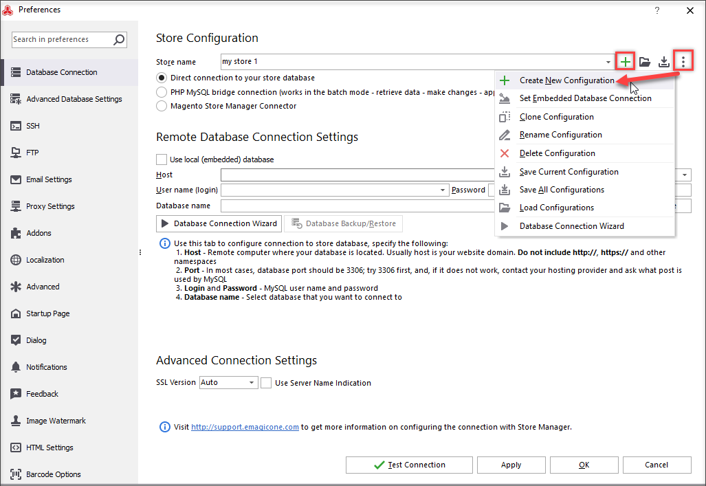 Open Database Connection settings and create new configuration