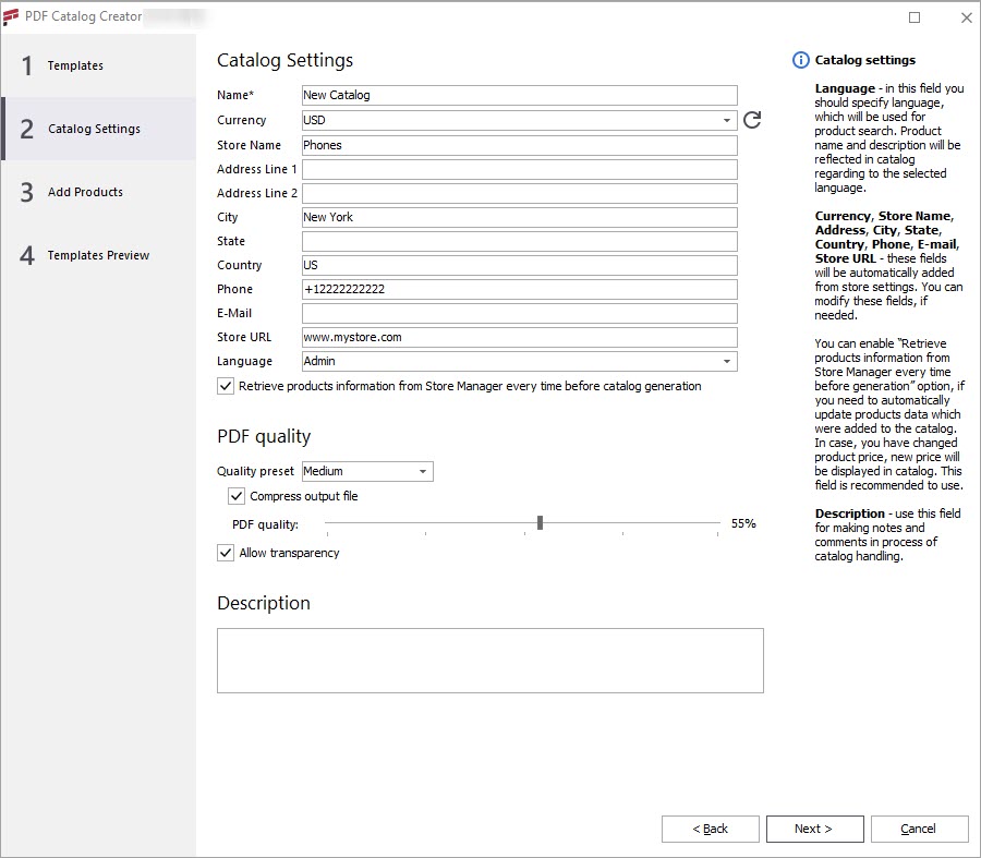 Magento Store Manager PDF Catalog Creator Wizard Catalog Settings