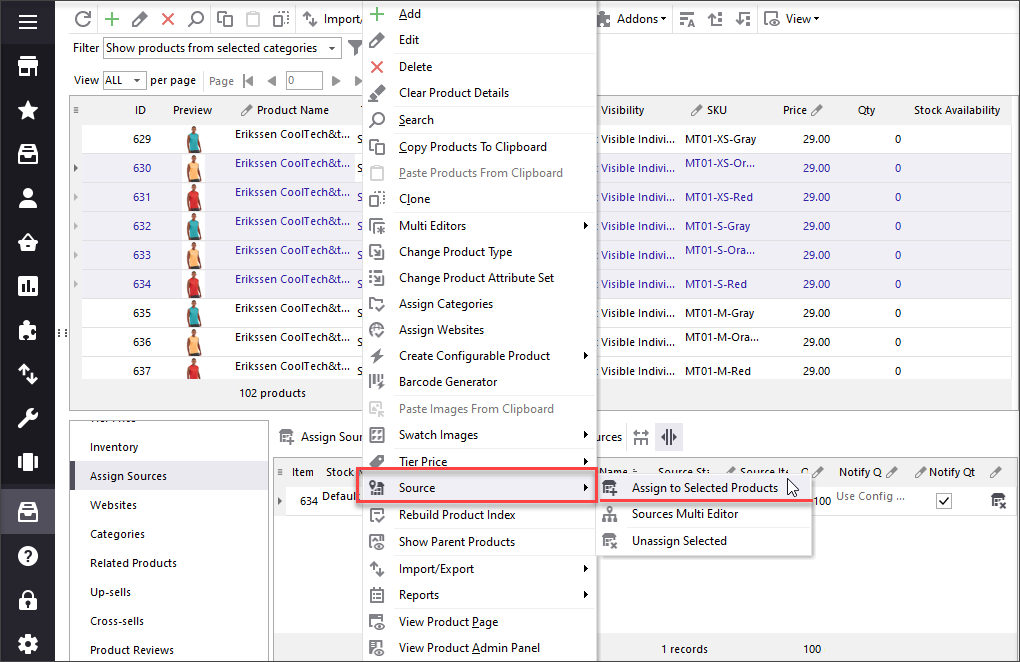 Assign source to Magento products in bulk