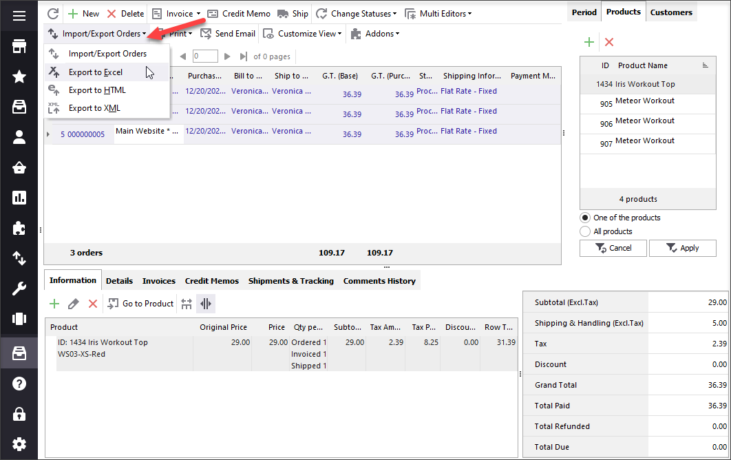 Export orders from the grid