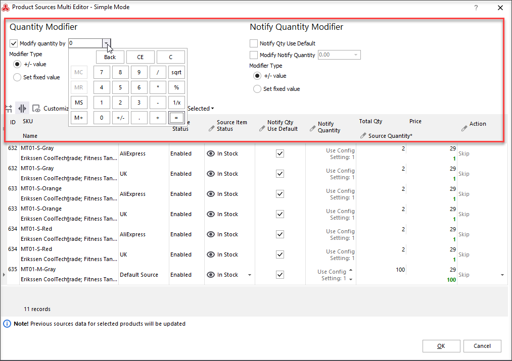 Select Modifier type and set Magento product quantity per source massively