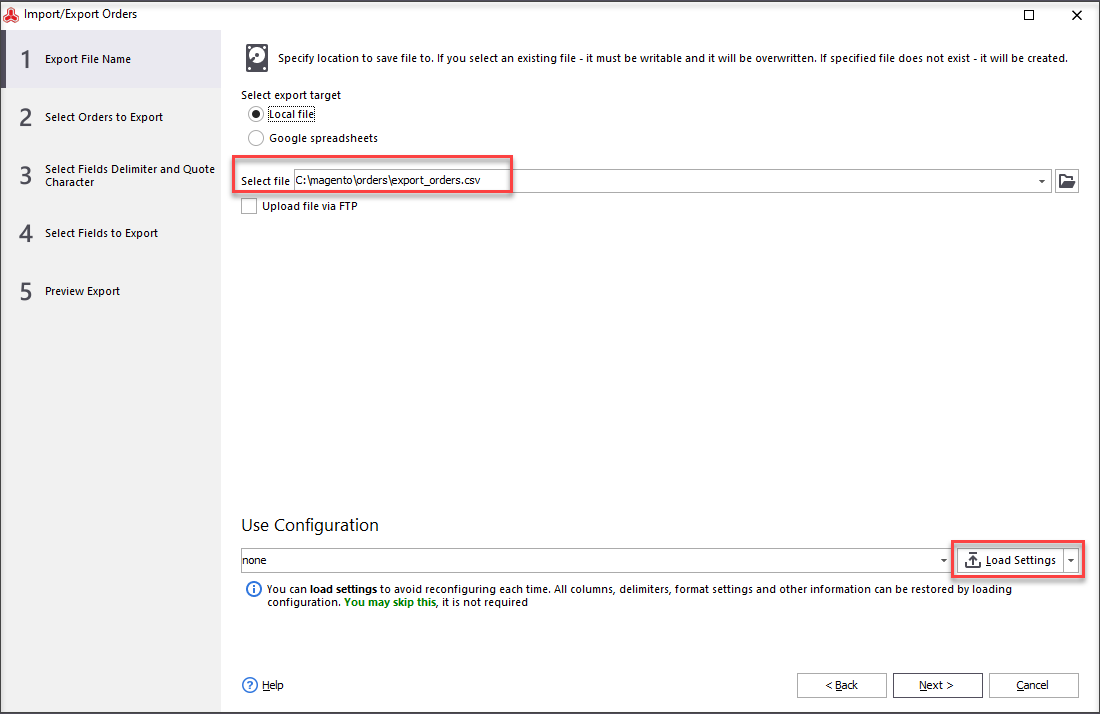 Specify location to save file to and load export configuration