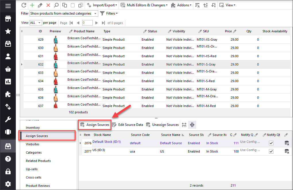 Use Assign Sources tab to assign a source to Magento product