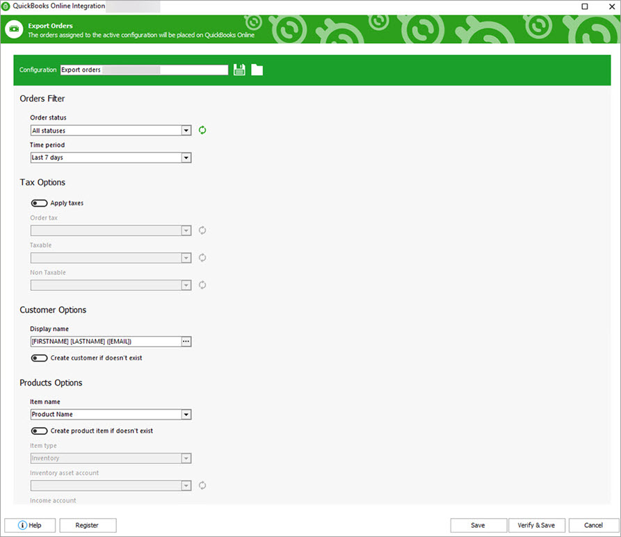 The Export Orders from Magento to QuickBooks Online Window