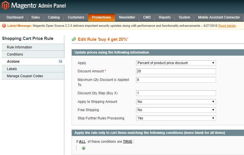 Actions Tab In Cart Price Rule For Customer