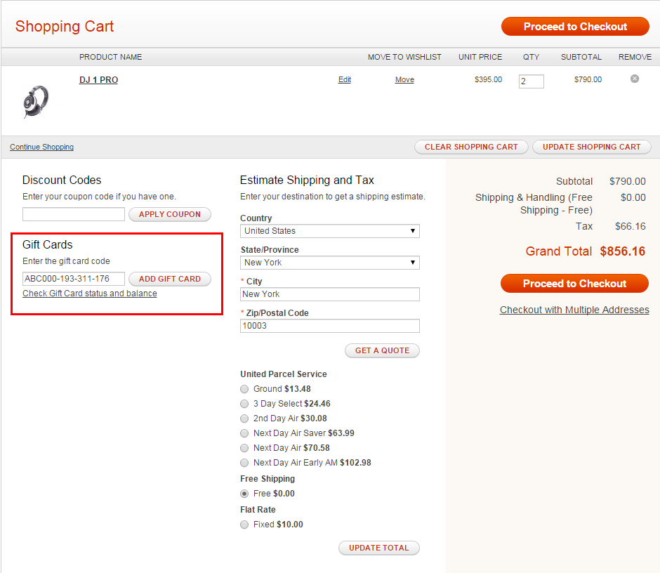 magento gift card code checkout