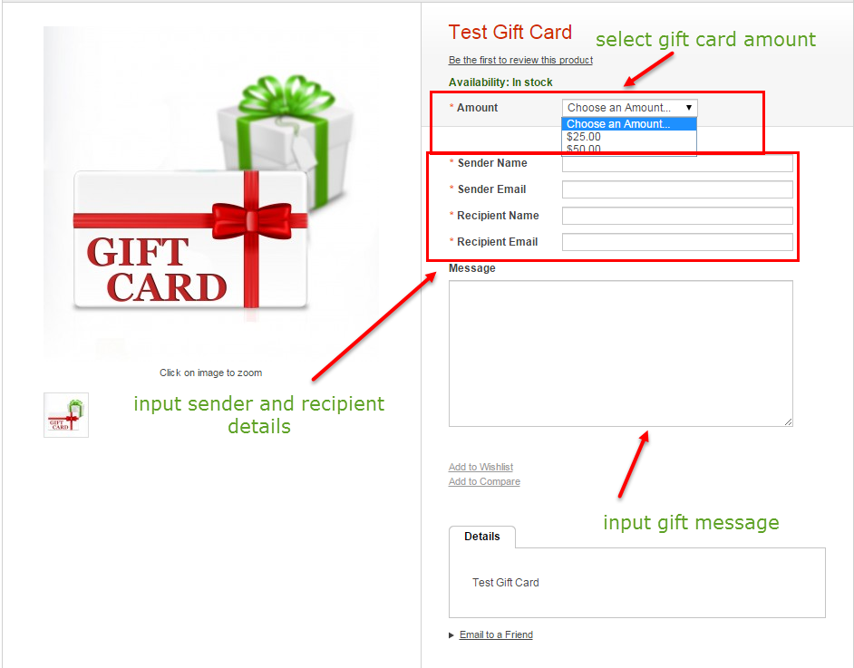 magento gift card product at the storefront