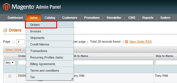 magento orders in admin panel