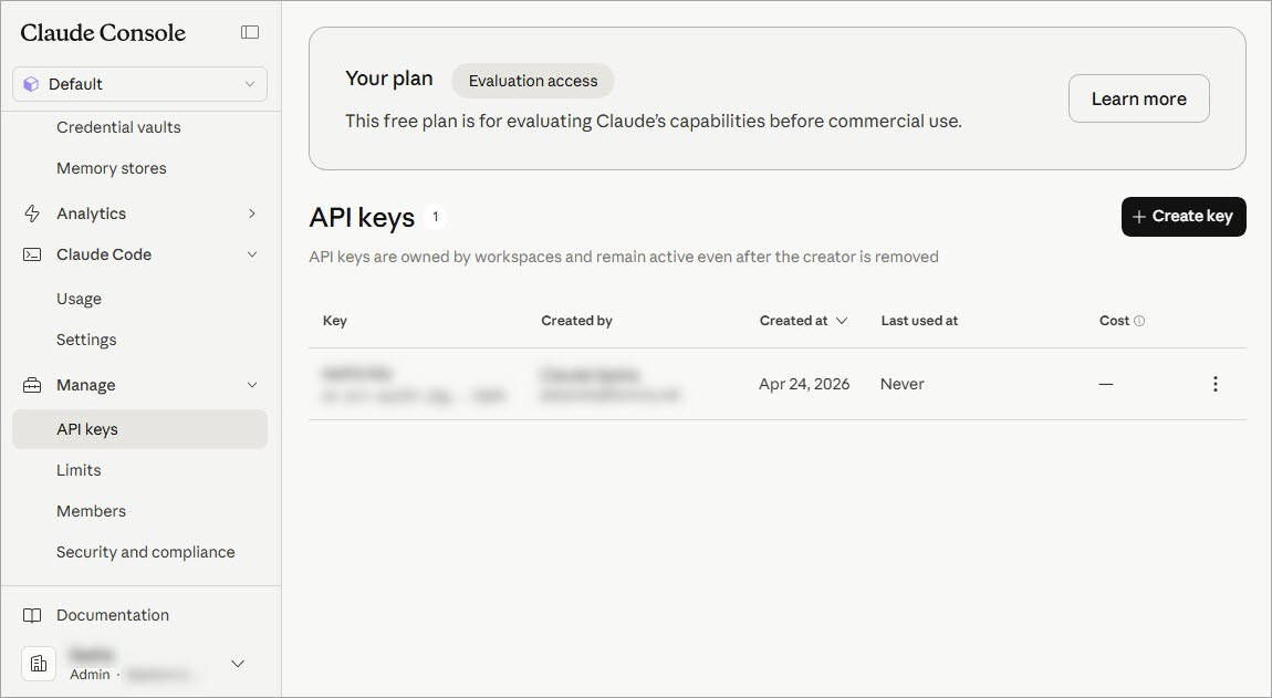 API Key in Claude Console for Adobe Magento Connection